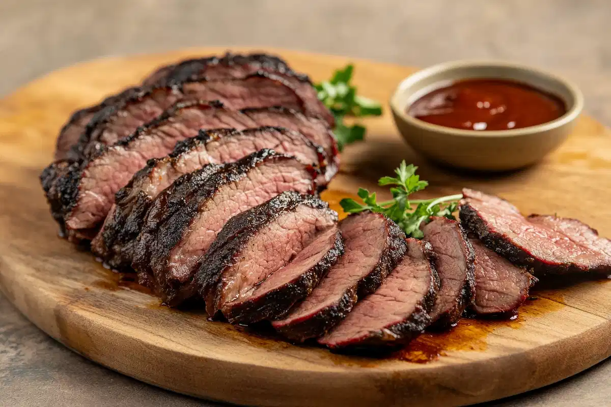 sliced smoked beef roast on a cutting board with sauce