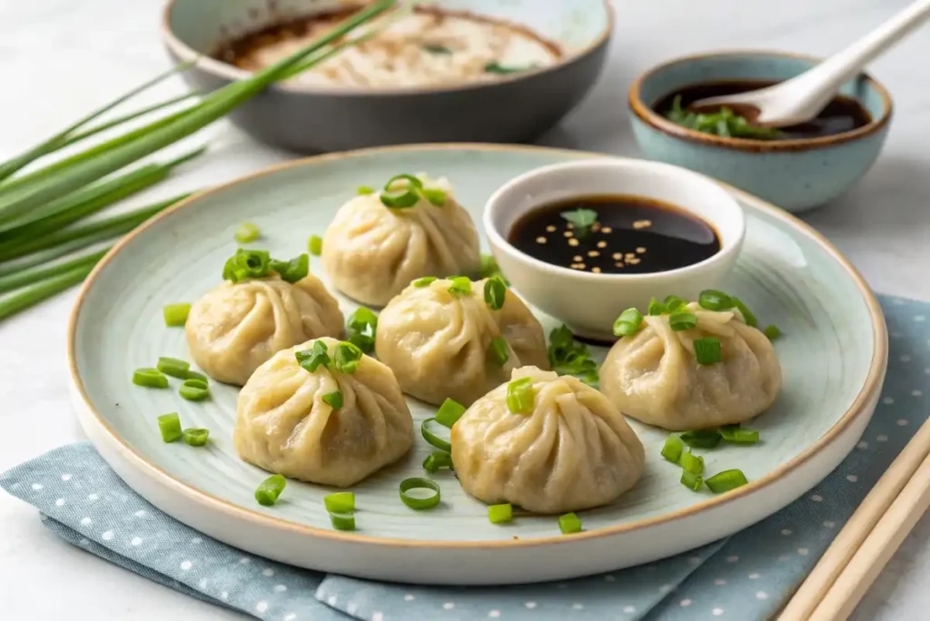 steamed vegan soup dumplings served with dipping sauce