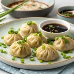 steamed vegan soup dumplings served with dipping sauce