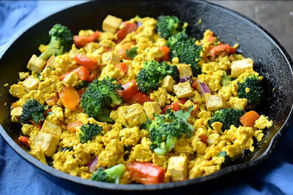 tofu scramble in a cast-iron skillet with vegetables