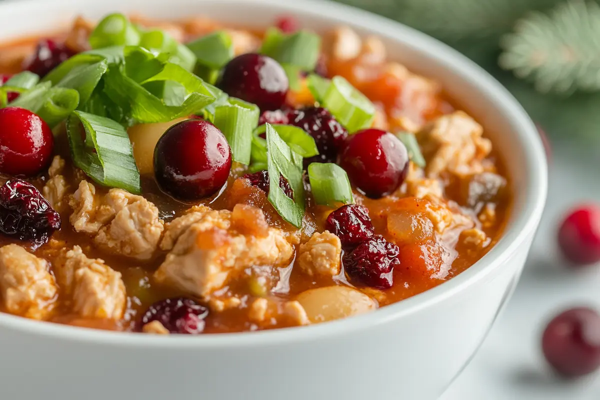 finished turkey cranberry chili recipe served with toppings