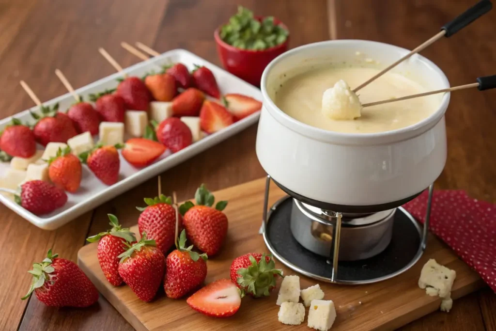 cheesecake fondue pot with fruit skewers- cheesecake fondue