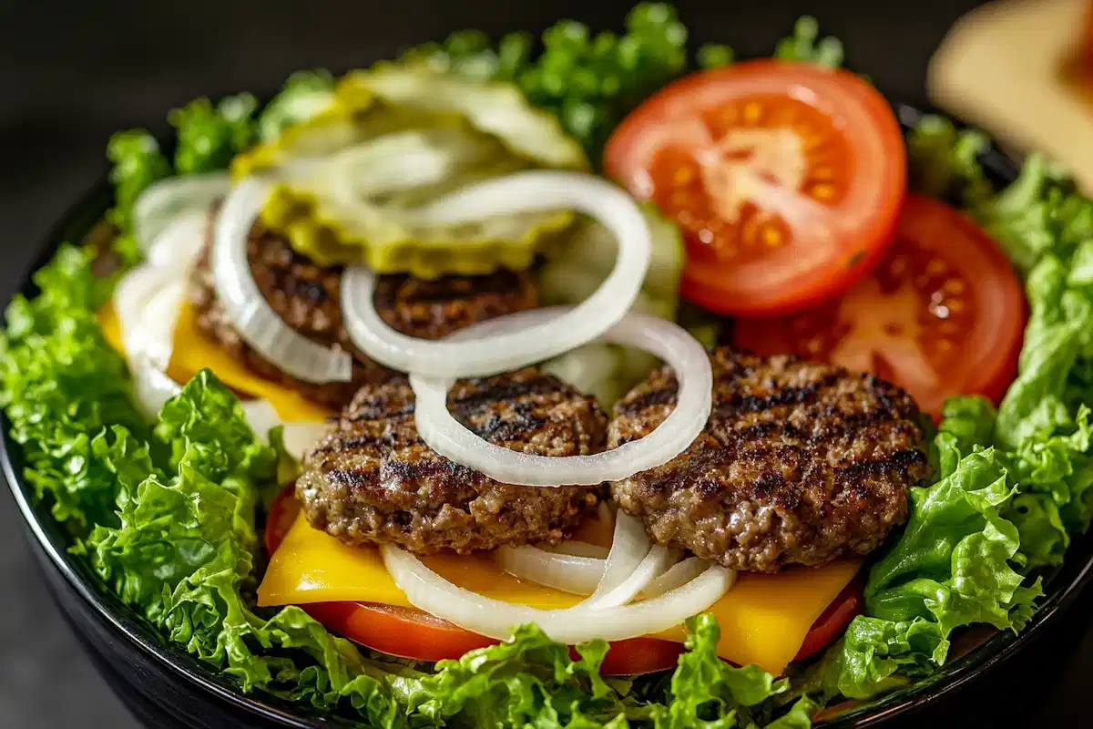 Close-up burger bowl recipe showcasing fresh toppings