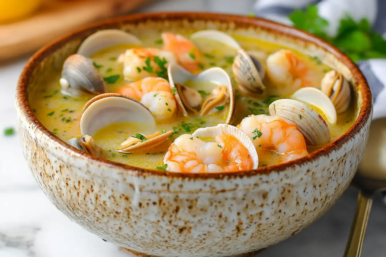 close-up of clam shrimp broth recipe