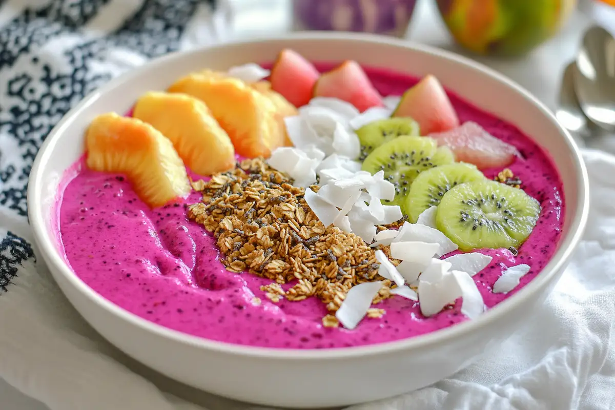 simple close-up pitaya bowl from a 45-degree angle