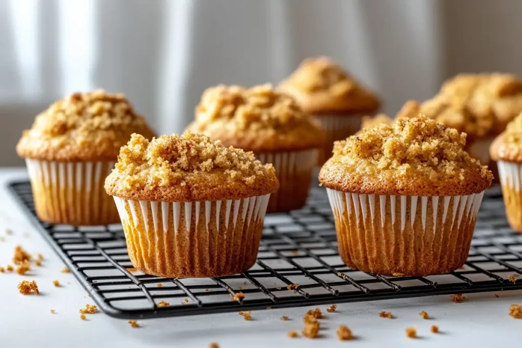 coffee cake muffins cooling on a rack- coffee cake muffins