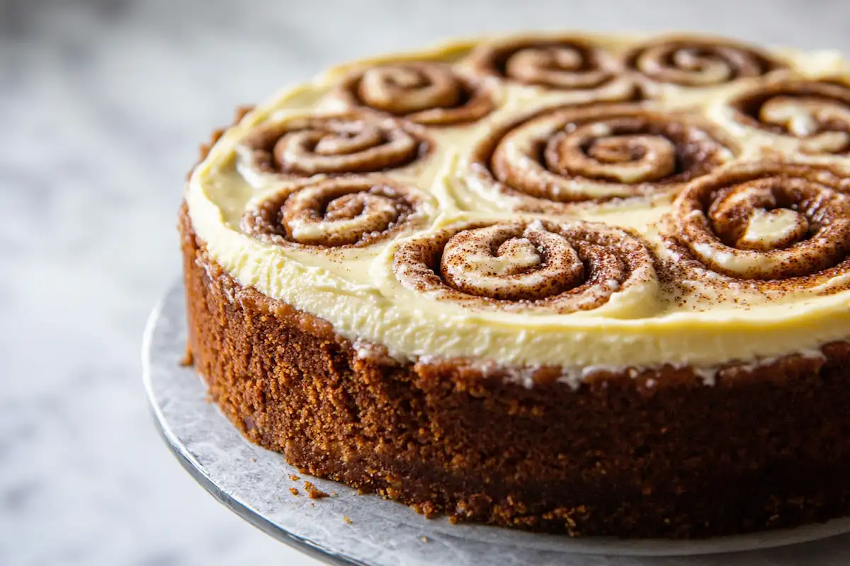 close-up of cinnamon roll cheesecake from a 45-degree angle