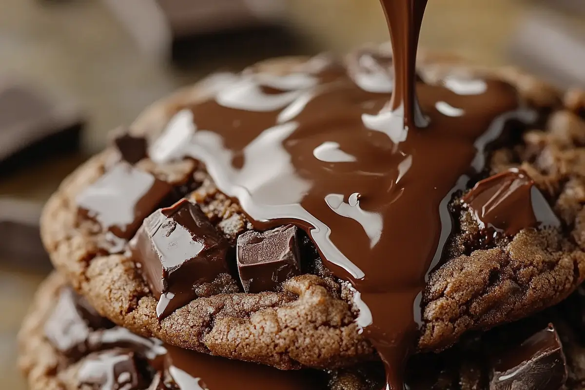 close-up of double chunk chocolate cookie with gooey melted chocolate