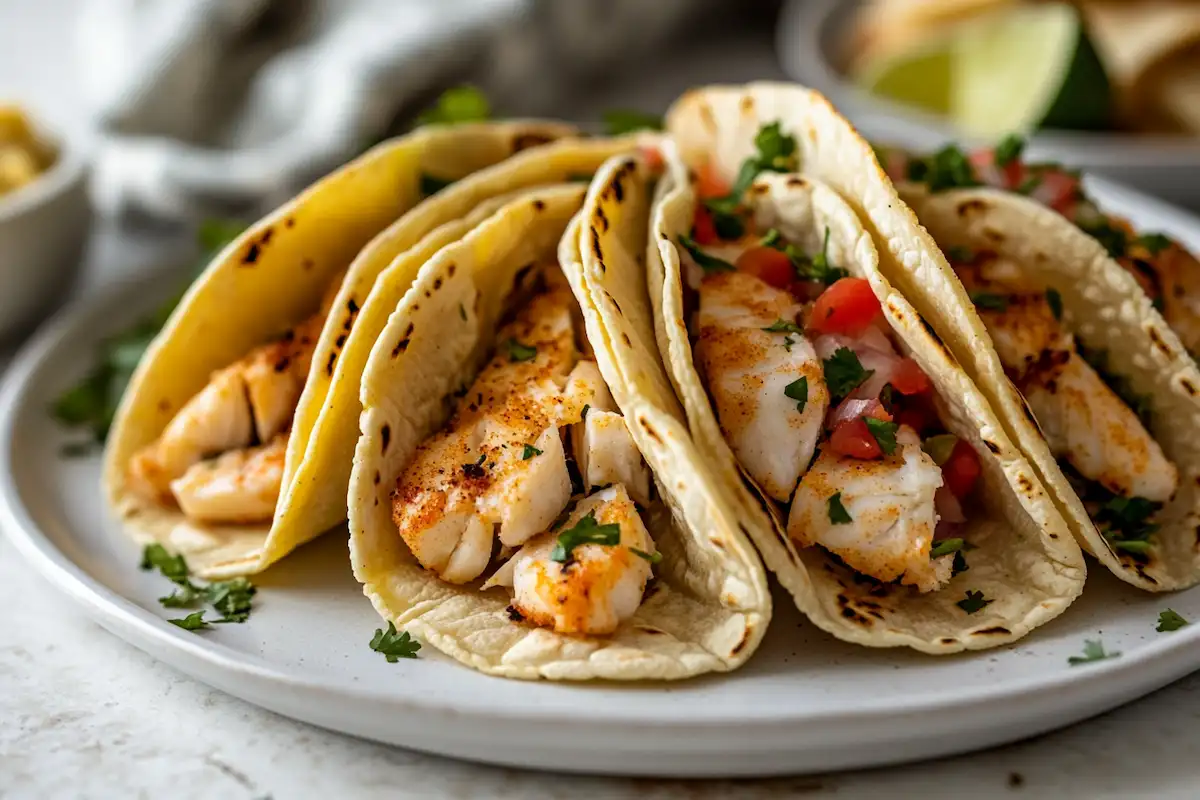 close-up halibut fish tacos from a 45-degree angle