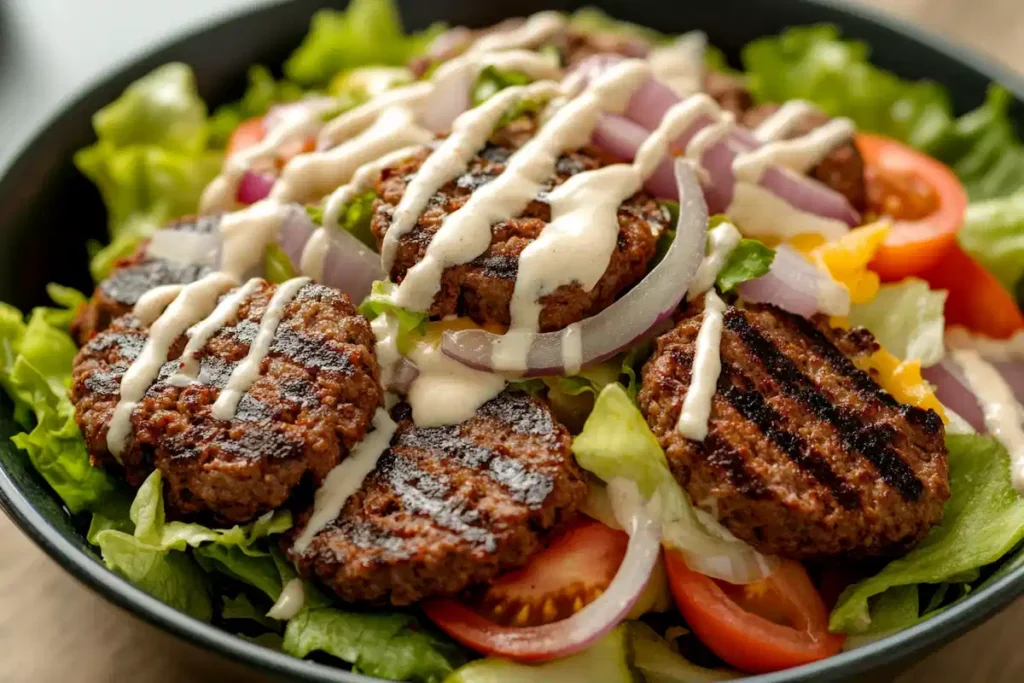 finished burger bowl condiments cheese- burger bowl recipe