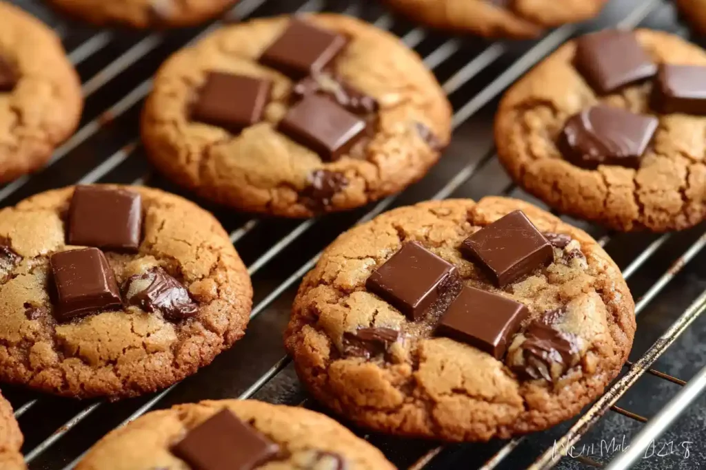 freshly baked double chunk chocolate cookie on a baking tray- double chunk chocolate cookie