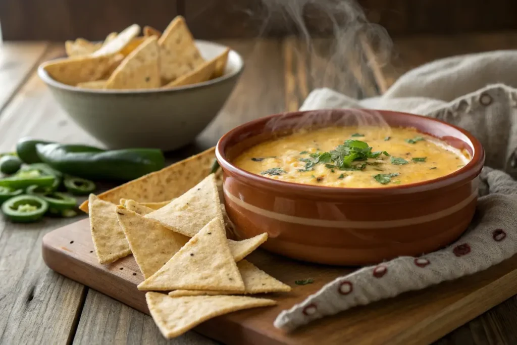 freshly smoked queso served with chips- smoked queso recipe