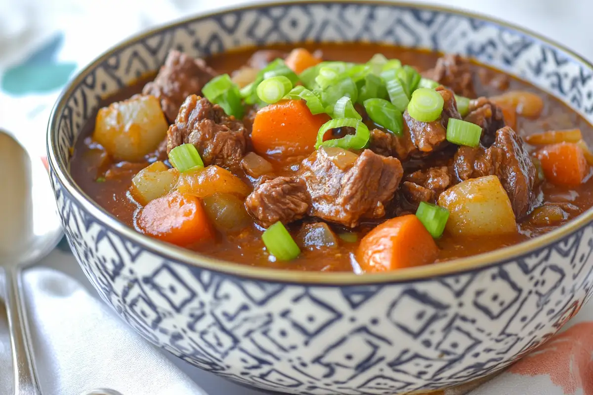 hawaiian beef stew recipe garnished with green onions