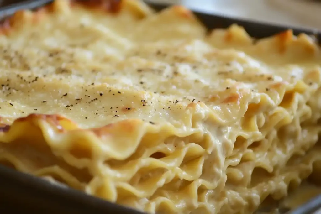 layering alfredo lasagna noodles and sauce- Alfredo Lasagna