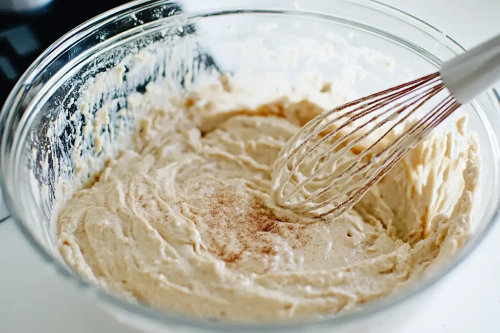 mixing muffin batter with cinnamon- coffee cake muffins