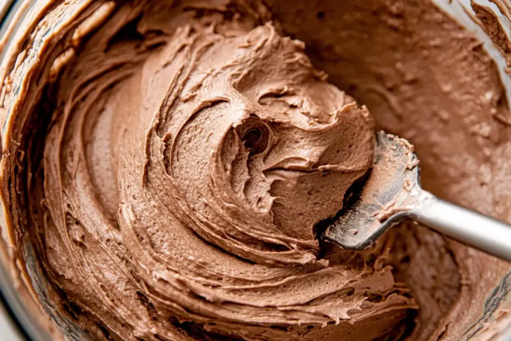 mixing triple chocolate cake batter- triple chocolate cake