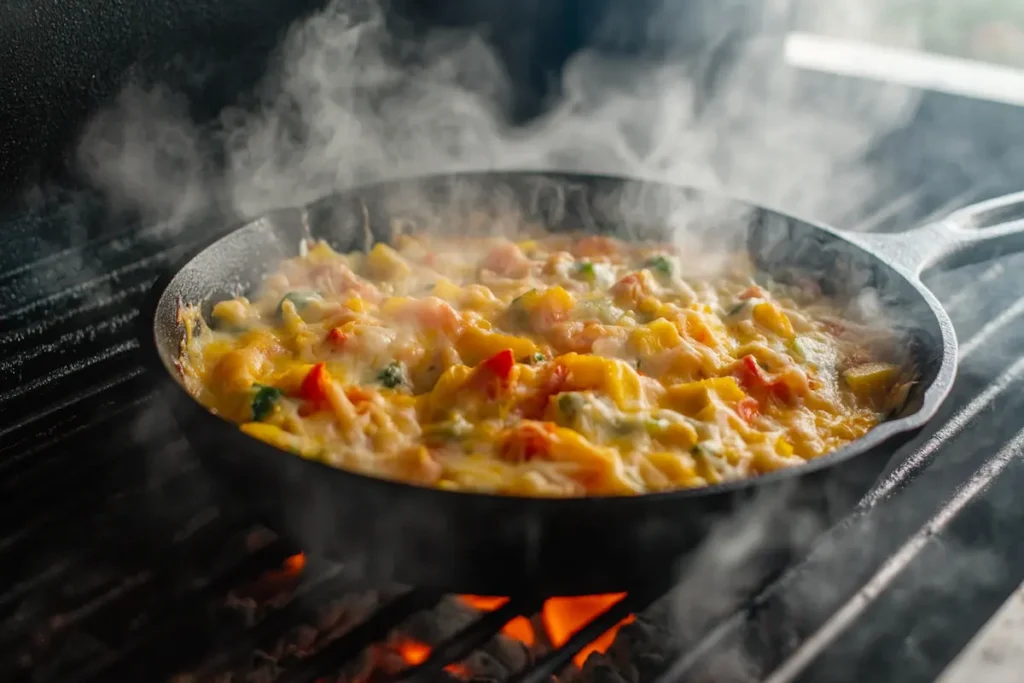 placing skillet of smoked queso- smoked queso recipe