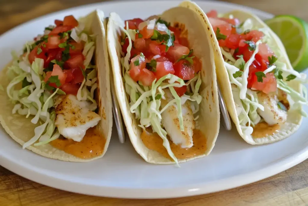 plated halibut fish tacos- halibut fish tacos