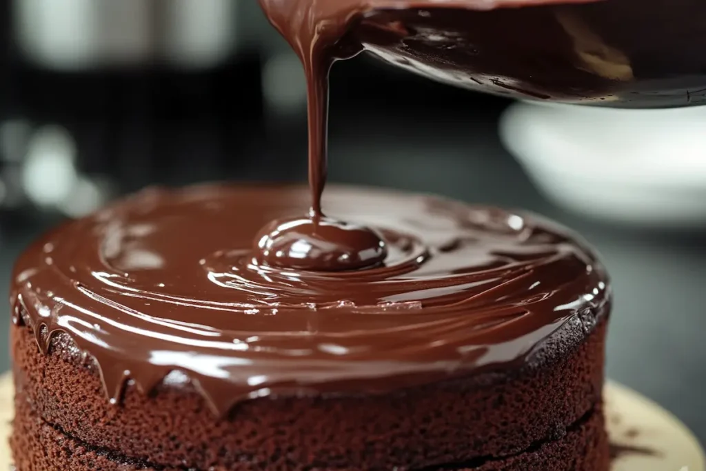 pouring ganache over triple chocolate cake- triple chocolate cake