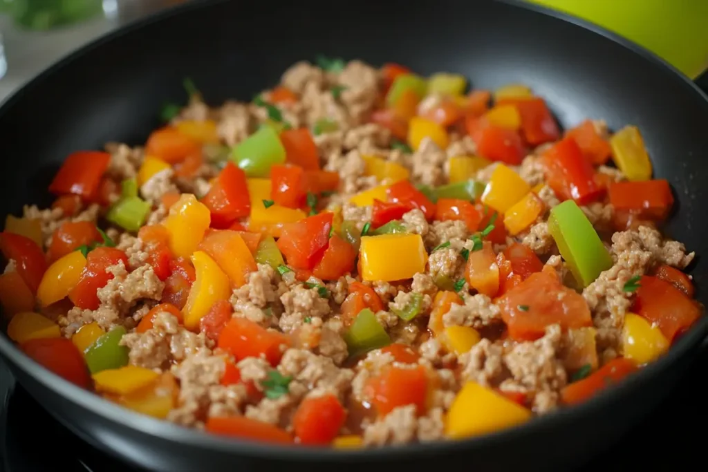 simmered turkey mince with peppers and tomatoes- turkey mince recipes