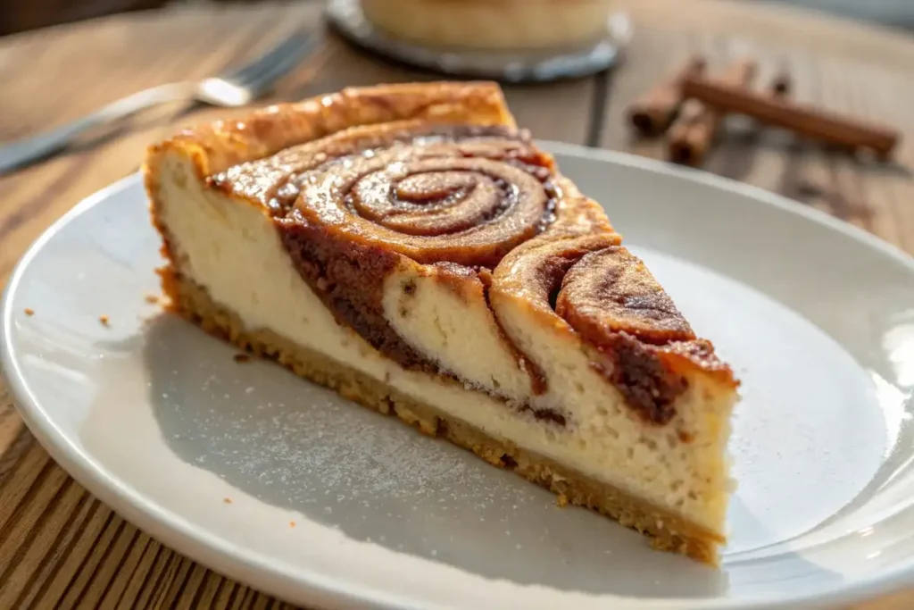 slice of cinnamon roll cheesecake served- cinnamon roll cheesecake