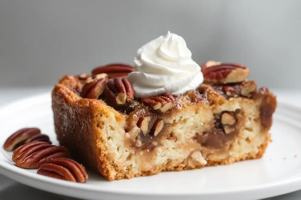 slice of pecan pie bread pudding with whipped cream- Pecan Pie Bread Pudding