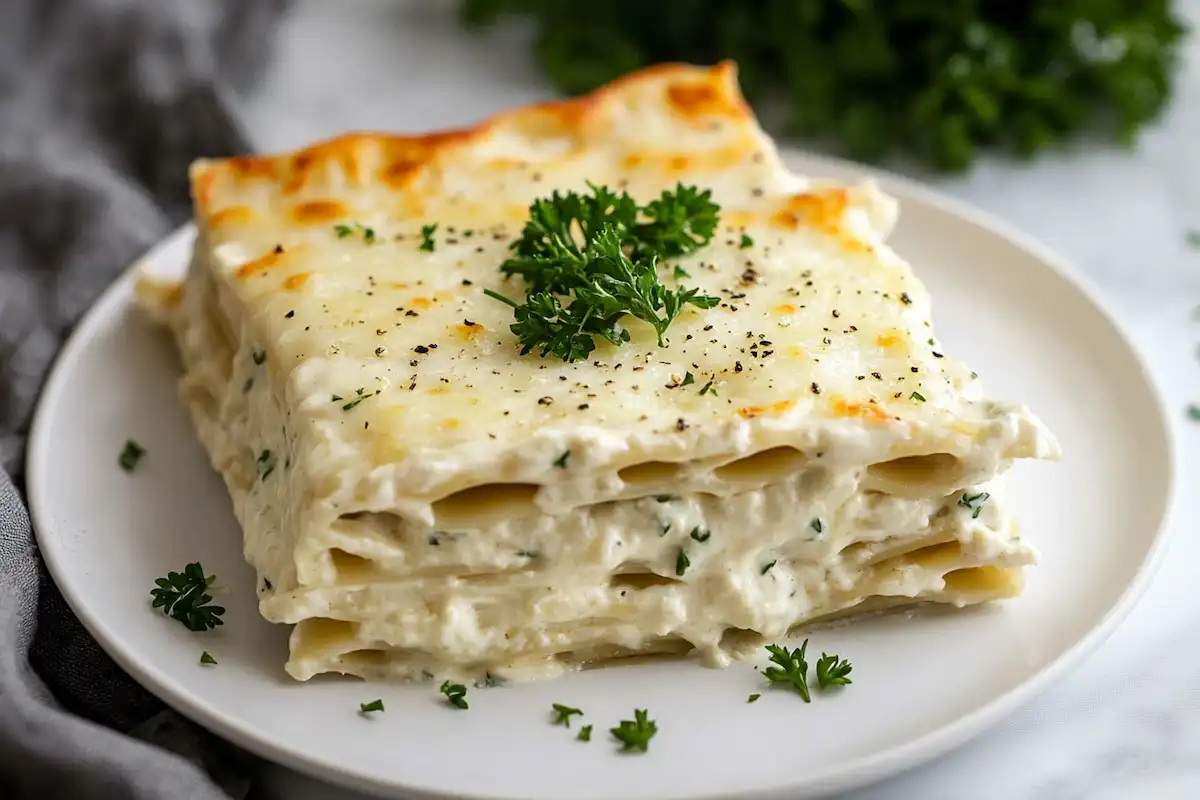 Slices of Alfredo Lasagna served on a plate