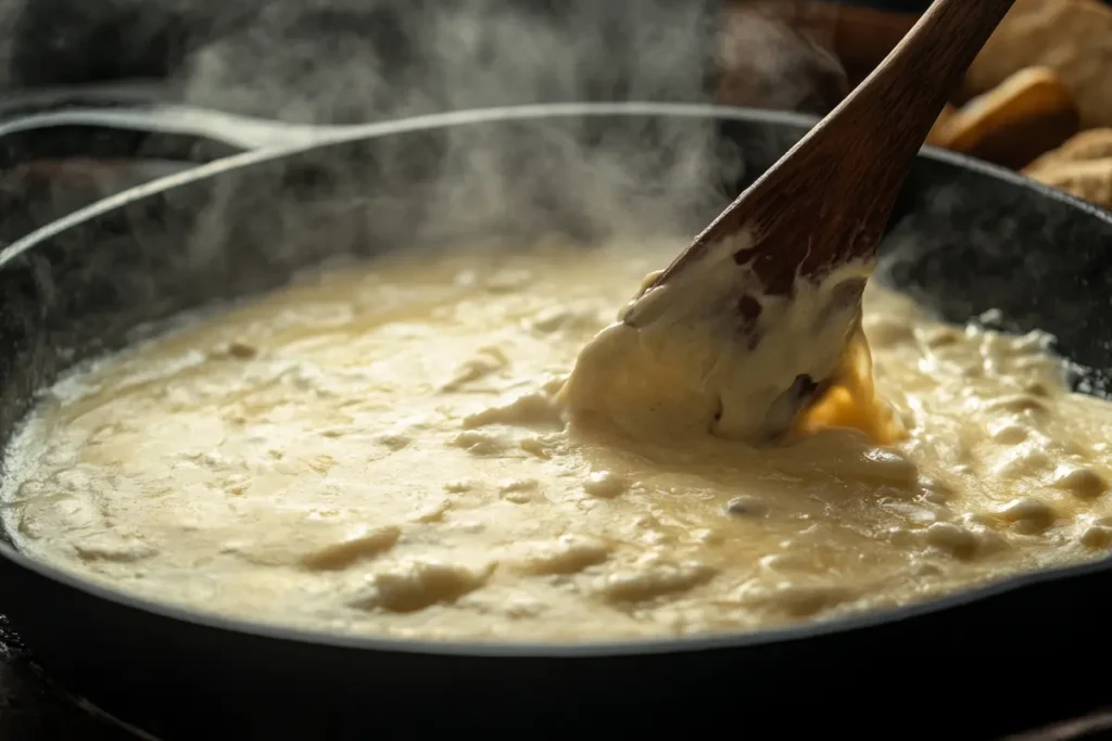 stirring smoked queso cast iron skillet- smoked queso recipe