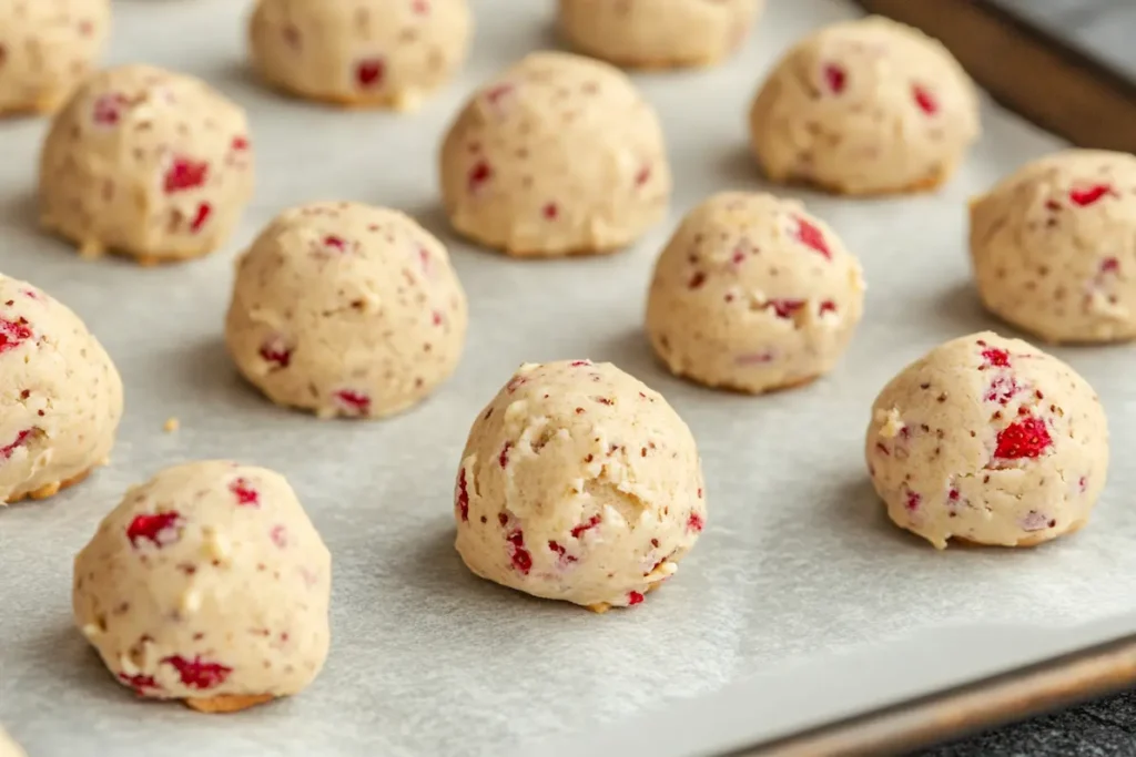 strawberry cheesecake cookie dough on baking sheet- strawberry cheesecake cookies