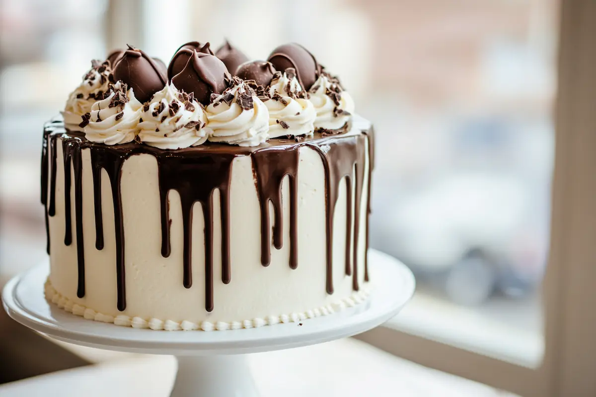 triple chocolate cake on a white stand