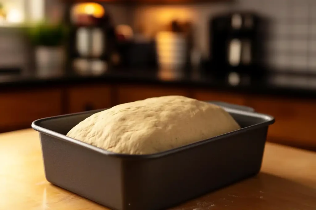 loaf of honey bread rising in a pan- honey bread recipe