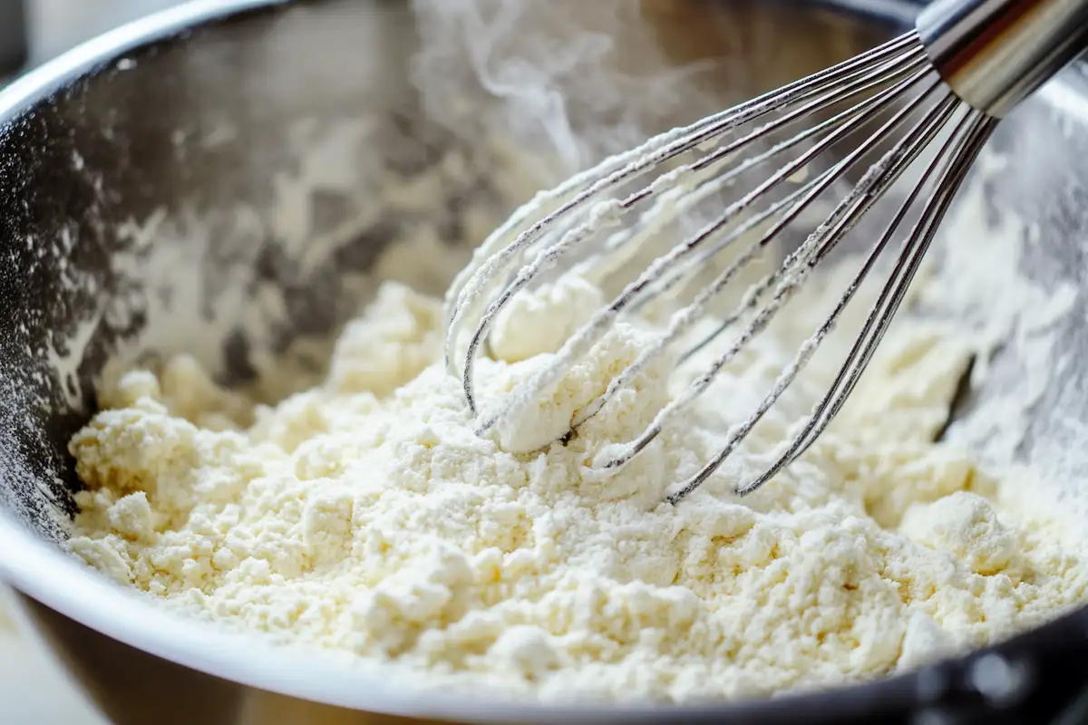 mixing the batter for a Mounds cake recipe