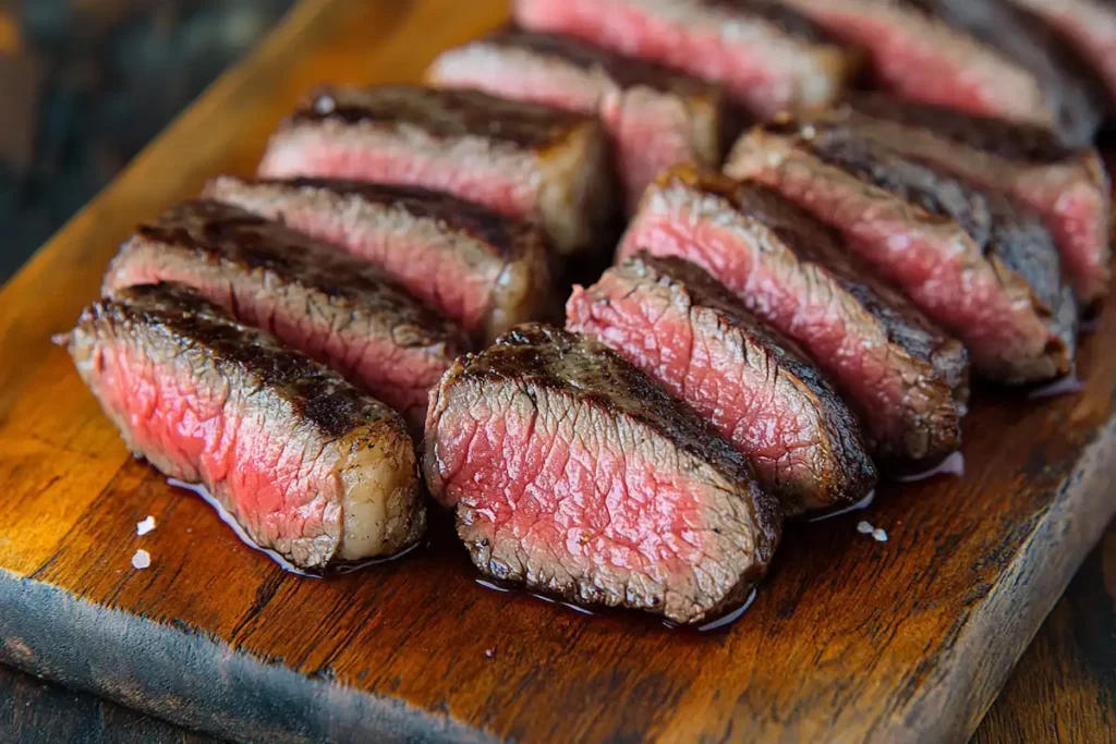 sliced teres major steak on cutting board- teres major steak