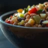 Close-up dense bean salad recipe in white bowl at 45-degree angle