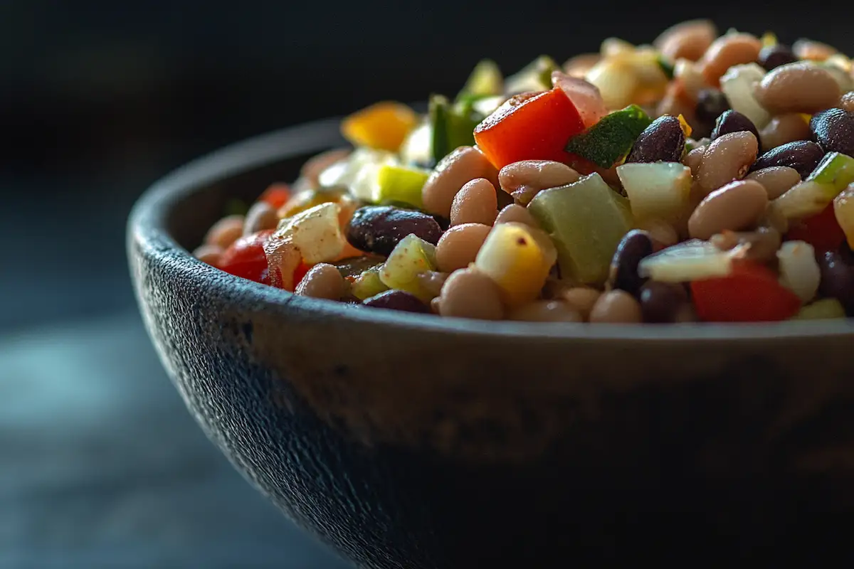Close-up dense bean salad recipe in white bowl at 45-degree angle