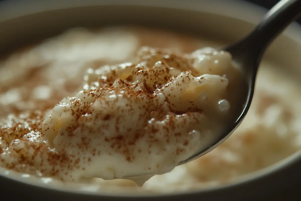 Close‑up of spoonful of creamy arroz con leche recipe