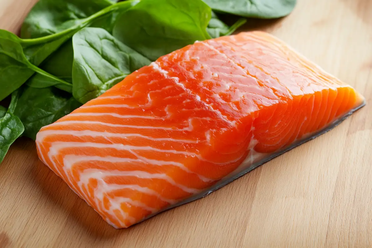 Close-up of flaky fish and glossy greens highlighting salmon spinach recipe.