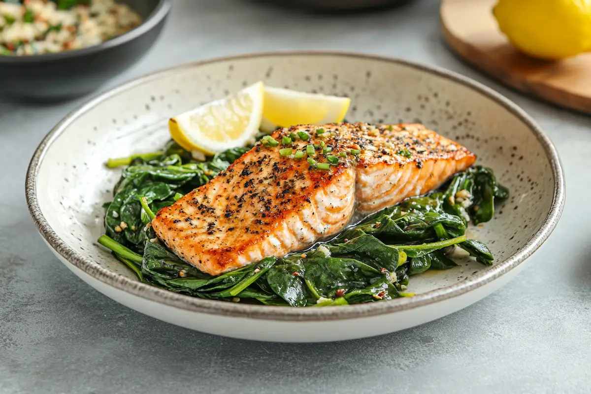 plated salmon spinach- salmon spinach recipe